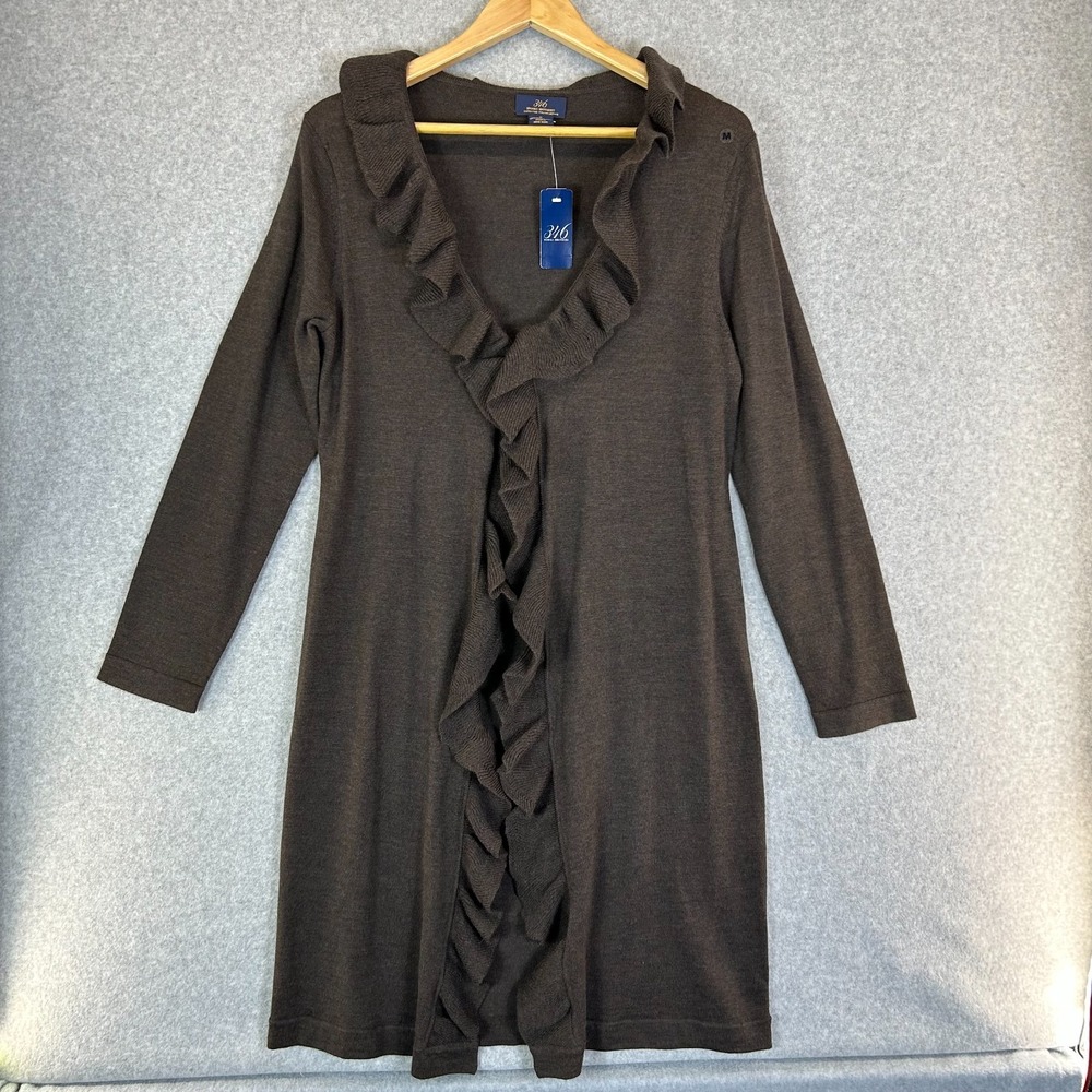 Brooks Brothers Cardigan Sweater Brown Merino Wool Ruffle Duster Size Medium NWT